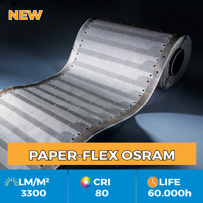 Strisce LED professionali in Paper-flex Osram con larghezza di 35 cm e 3300 lm per metro quadrato. Si possono illuminare 9 metri quadrati in una sola volta!