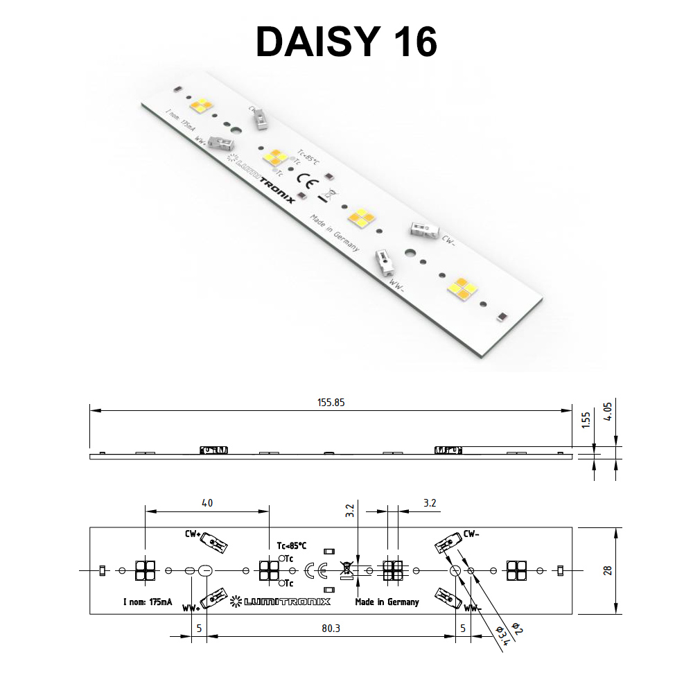 LumiBar Daisy Configurabile Multicolore a 2 canali Plug & Play, TW, Dynasolis, Modulo LED bicolore Zhaga 16, 28, 56 x 2,8 cm, Made in Germany