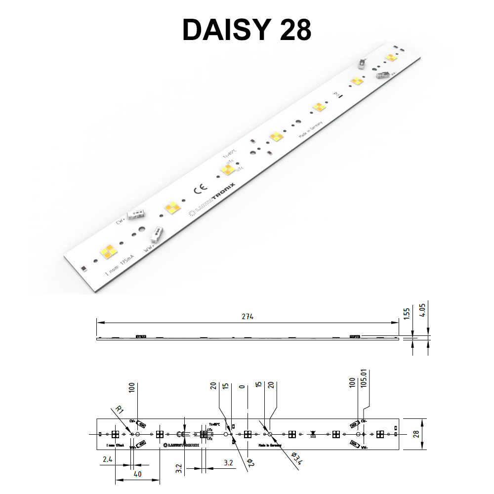 LumiBar Daisy Configurabile Multicolore a 2 canali Plug & Play, TW, Dynasolis, Modulo LED bicolore Zhaga 16, 28, 56 x 2,8 cm, Made in Germany