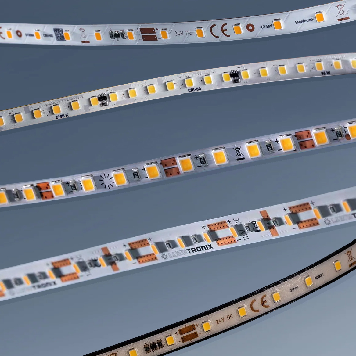 Striscia LED bianca flessibile LumiFlex su misura, Made in Germany, LED Nichia/Cree/Samsung/Seoul, 12/24/48V, fino a 50 m di lunghezza e 5-20 mm di larghezza