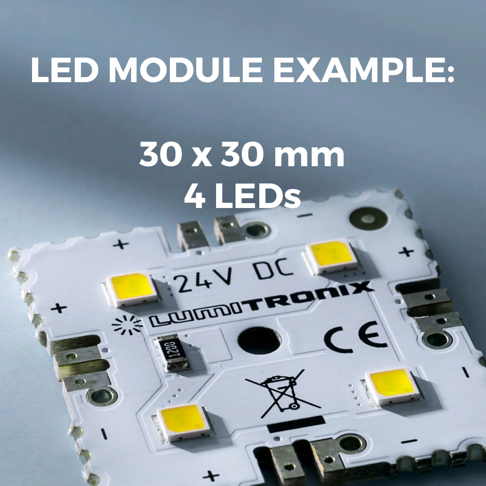 Moduli LED bianchi compatti Plug & Play Nichia 757 su misura, Made in Germany, lunghezza 30-150 mm e larghezza 5-150 mm
