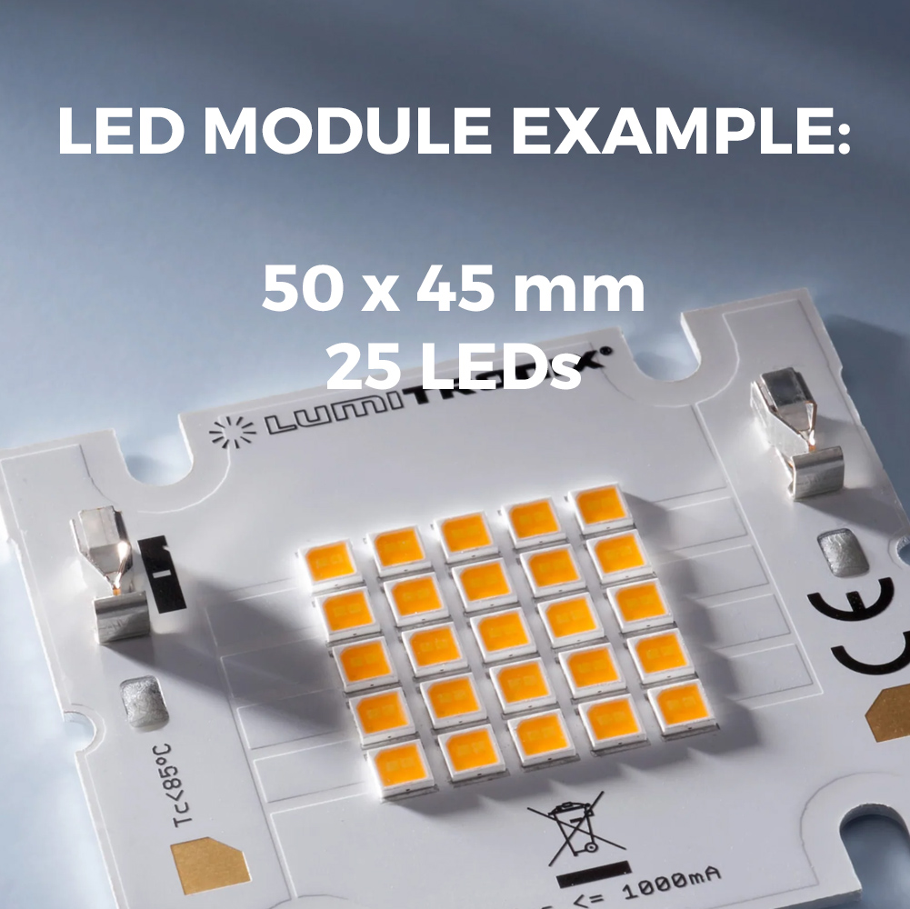 Moduli LED bianchi compatti Plug & Play Nichia 757 su misura, Made in Germany, lunghezza 30-150 mm e larghezza 5-150 mm