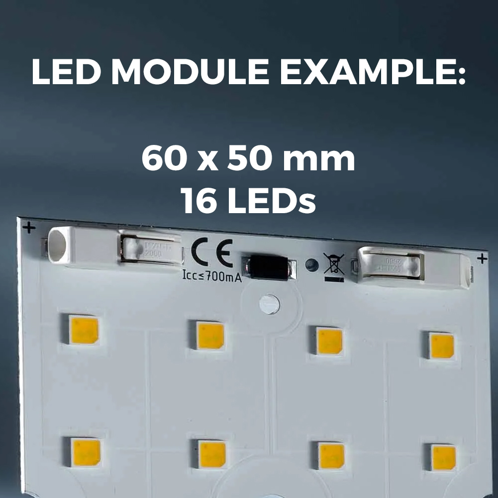 Moduli LED bianchi compatti Plug & Play Nichia 757 su misura, Made in Germany, lunghezza 30-150 mm e larghezza 5-150 mm