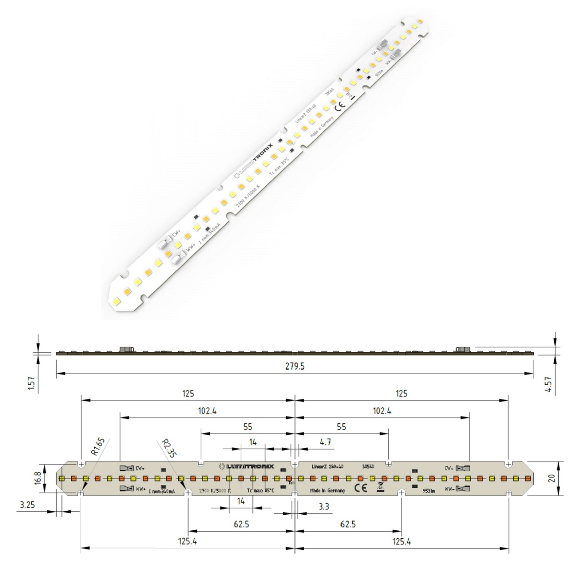 LumiBar-28 Multicolore Configurabile Plug & Play a 2 canali, TW, Dynasolis, Modulo LED bicolore Zhaga, 28x2 cm, Made in Germany