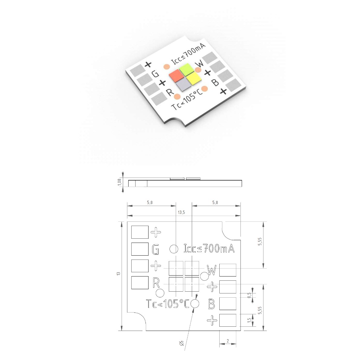 SmartArray-Q4-RGBW Modulo LED Nichia CSP configurabile a 4 canali, RGBW, TW, Dynasolis, 4 LED, 13x13 mm, Made in Germany (fino a 225 lm)
