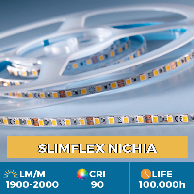 Strisce LED professionali SlimFlex Nichia, larghezza 5 mm, durata 100.000 ore, flusso fino a 2200 lm/m