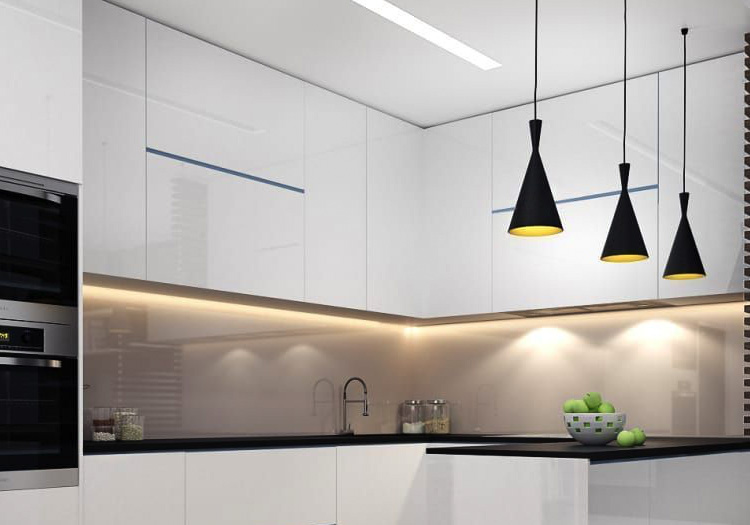 Kitchen with lines of light via Lumistrips LED strips in under cabinet and ceiling
